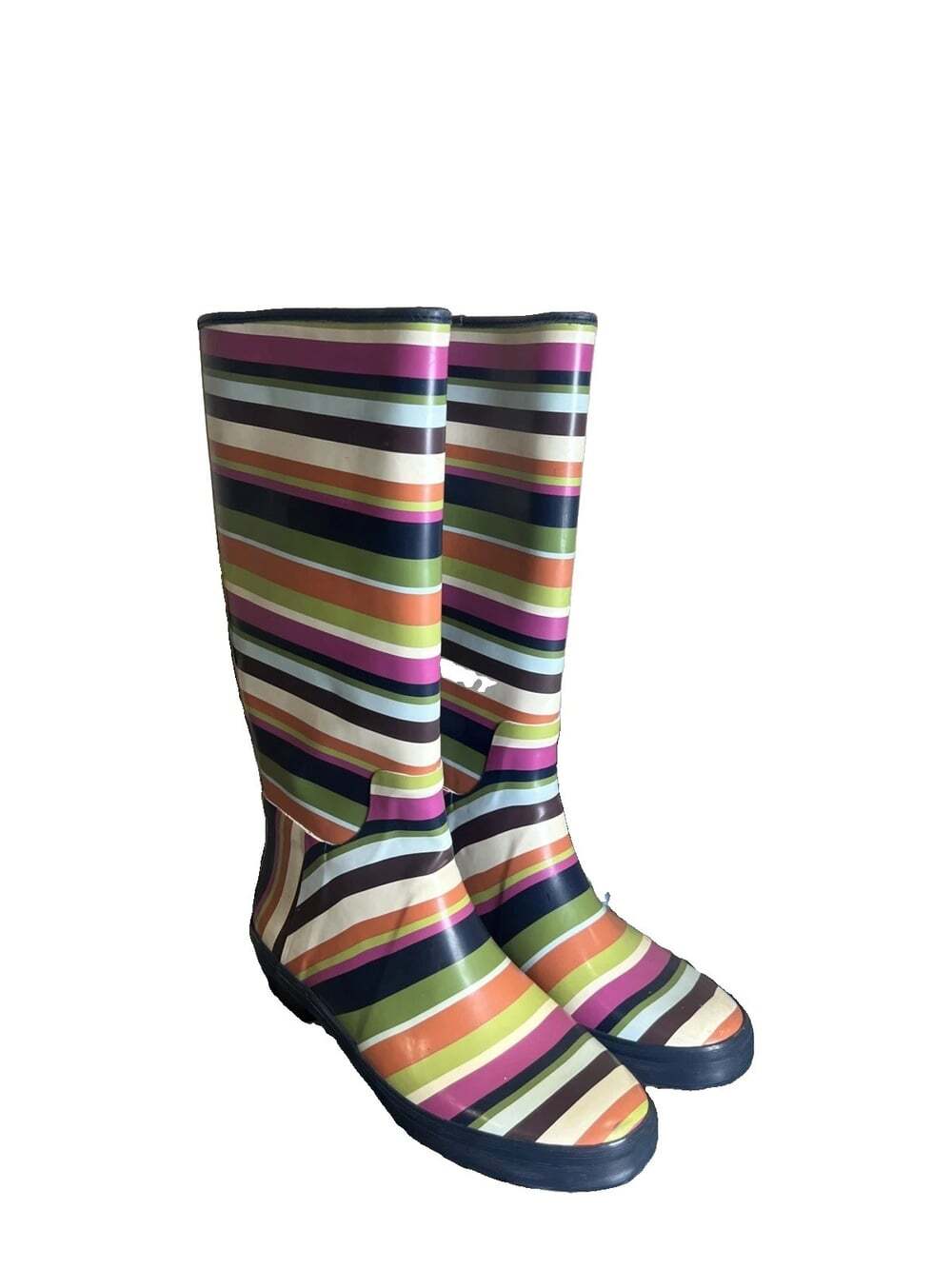 COACH PAMMIE ICONIC RARE STRIPE MULTI COLORED LOGO RAIN BOOTS US Size 8